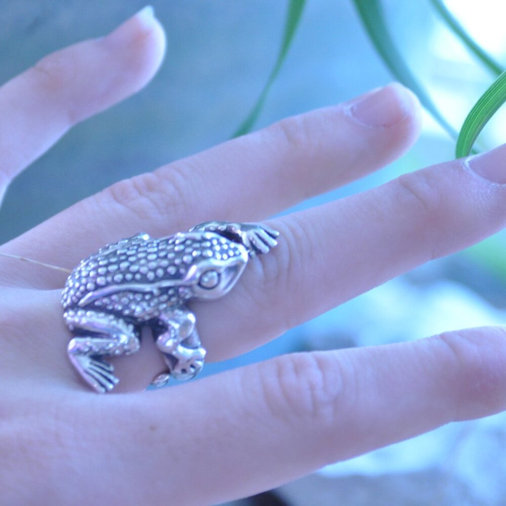 Huge Sterling Silver Frog Statement Ring Adjustab… - image 1